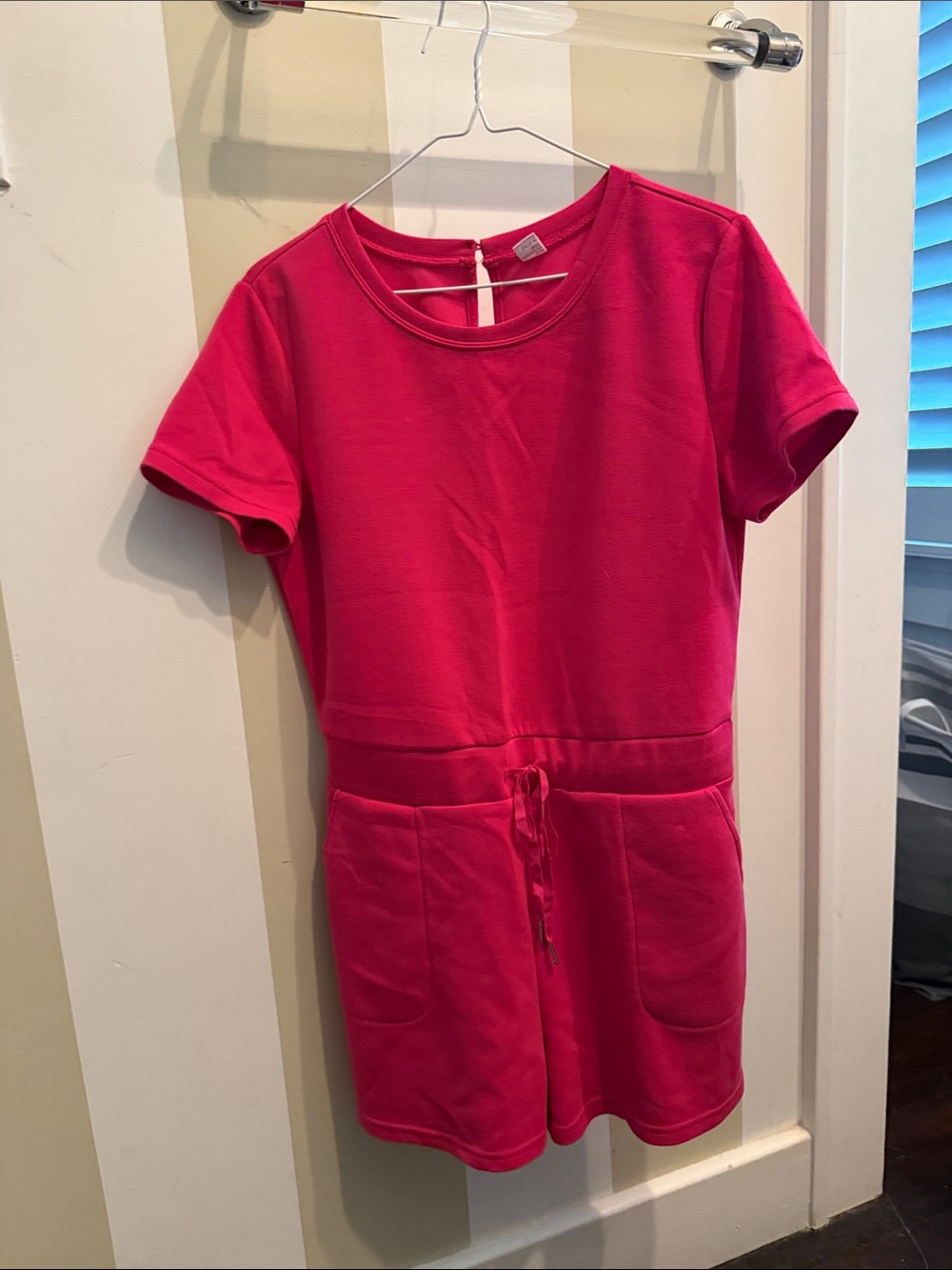 Hot Pink Short Sleeve Drawstring Pocket Romper